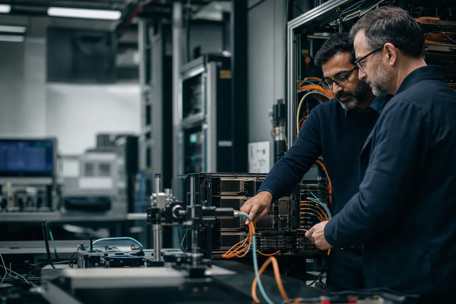 Engineers evaluating enterprise AI infrastructure in a model testing laboratory