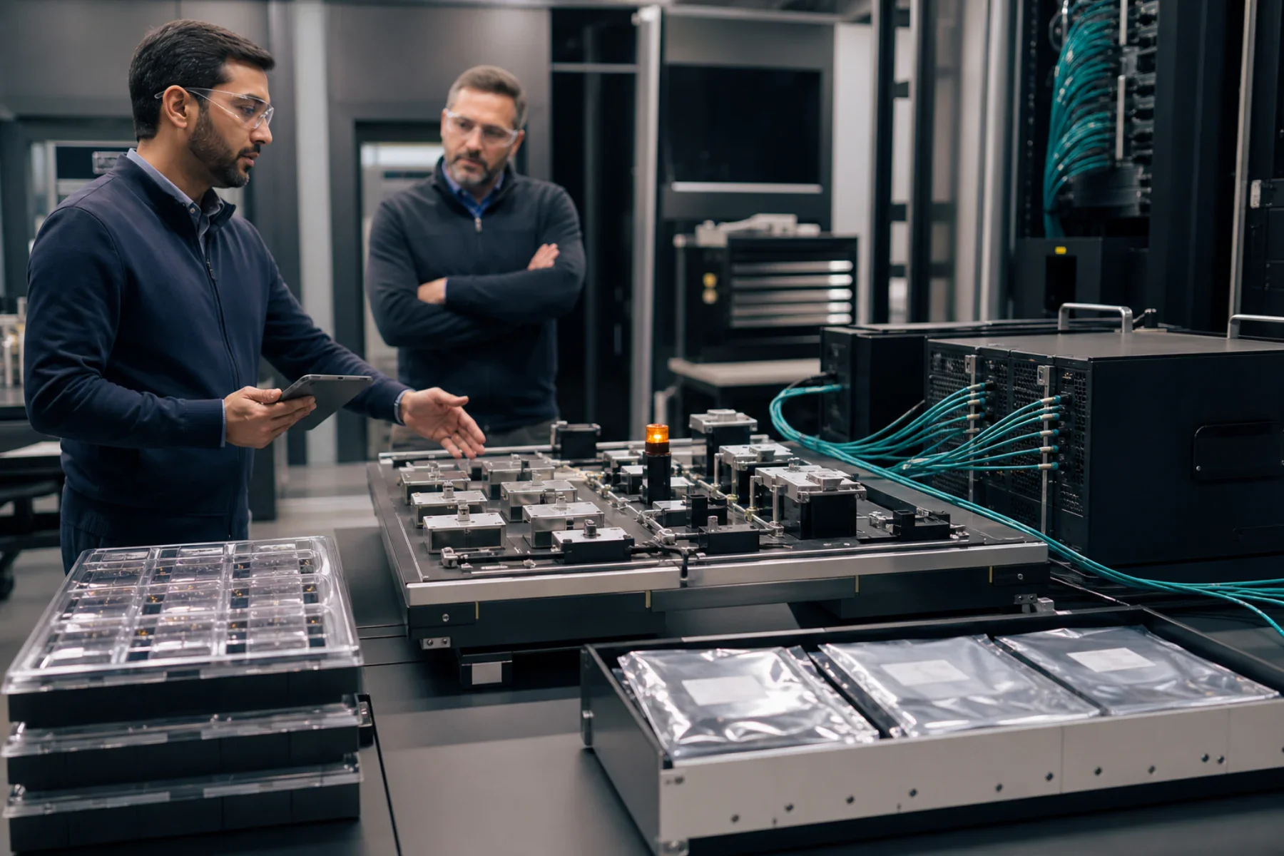 Platform engineers reviewing a physical release assurance workcell