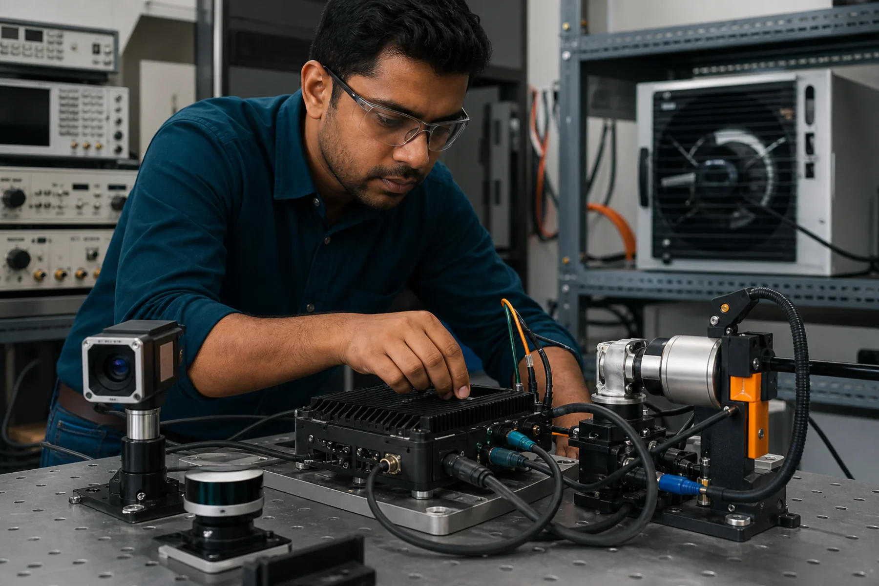 Engineer testing a compact edge intelligence device beside robotic sensing equipment