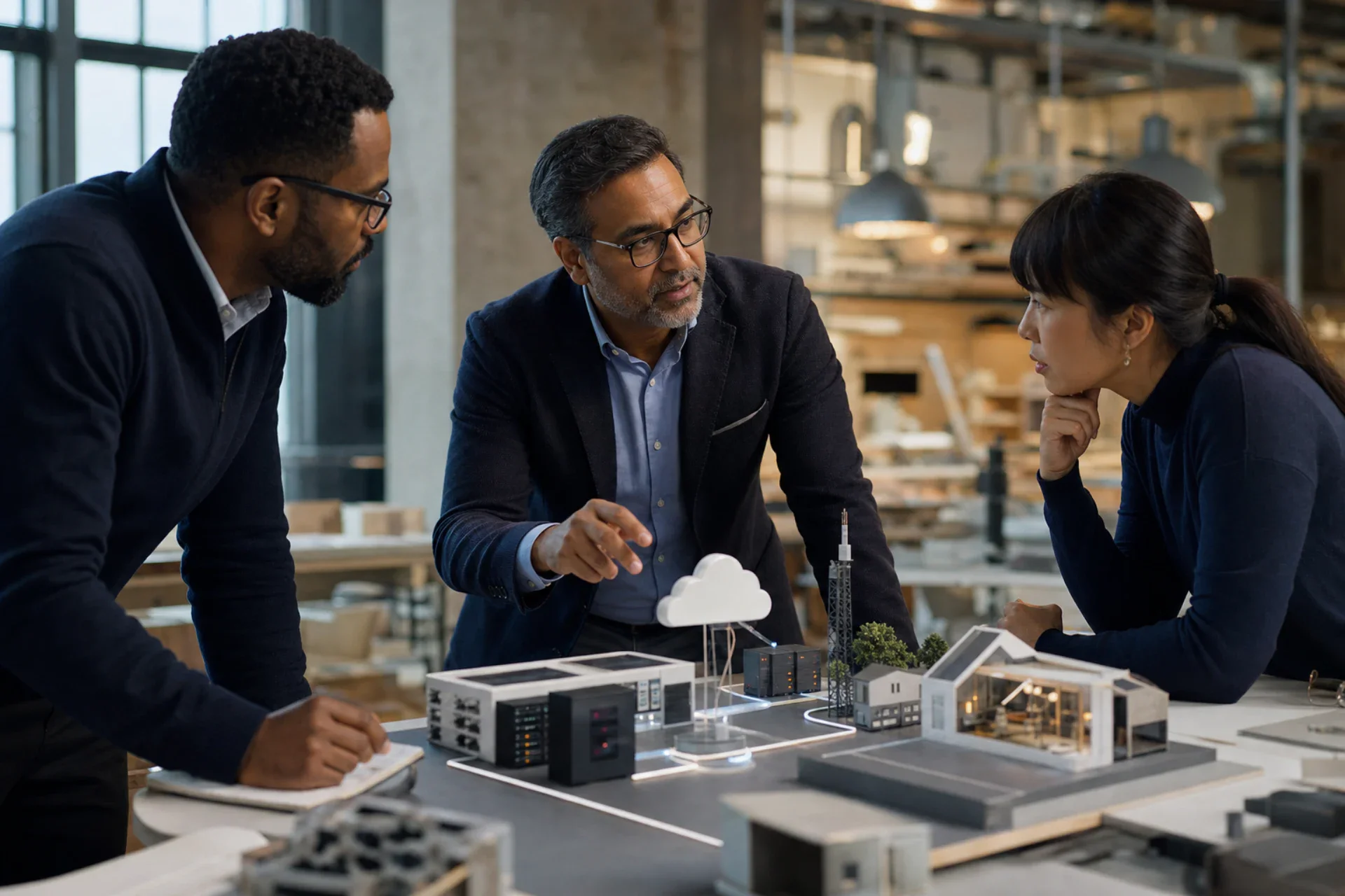 Senior technology leaders discussing architecture constraints around a physical system model