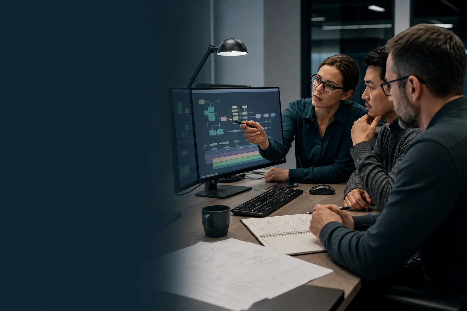 Financial-systems engineers reviewing a time-sensitive event and control workflow