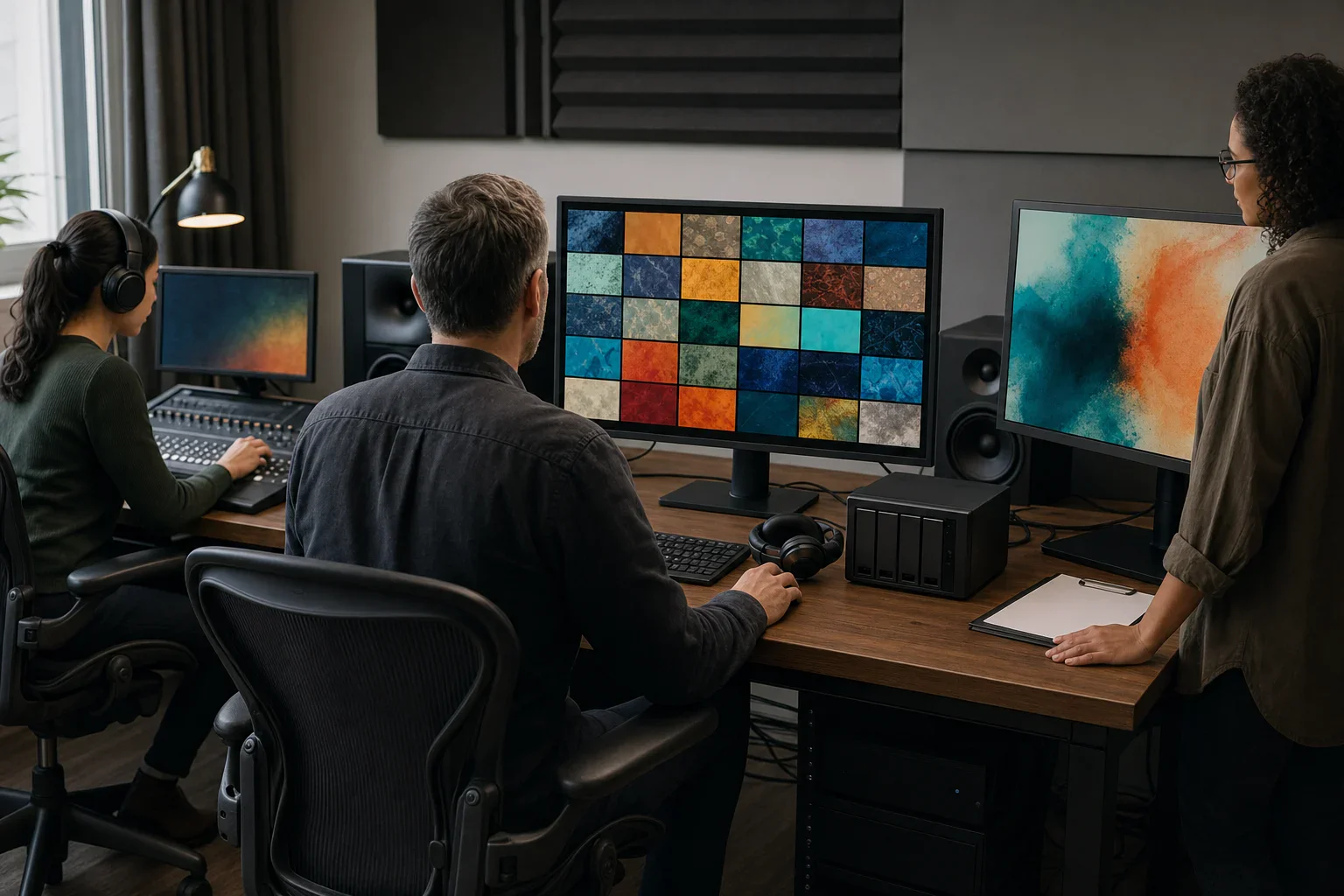 Media operations specialists coordinating digital assets, review and distribution