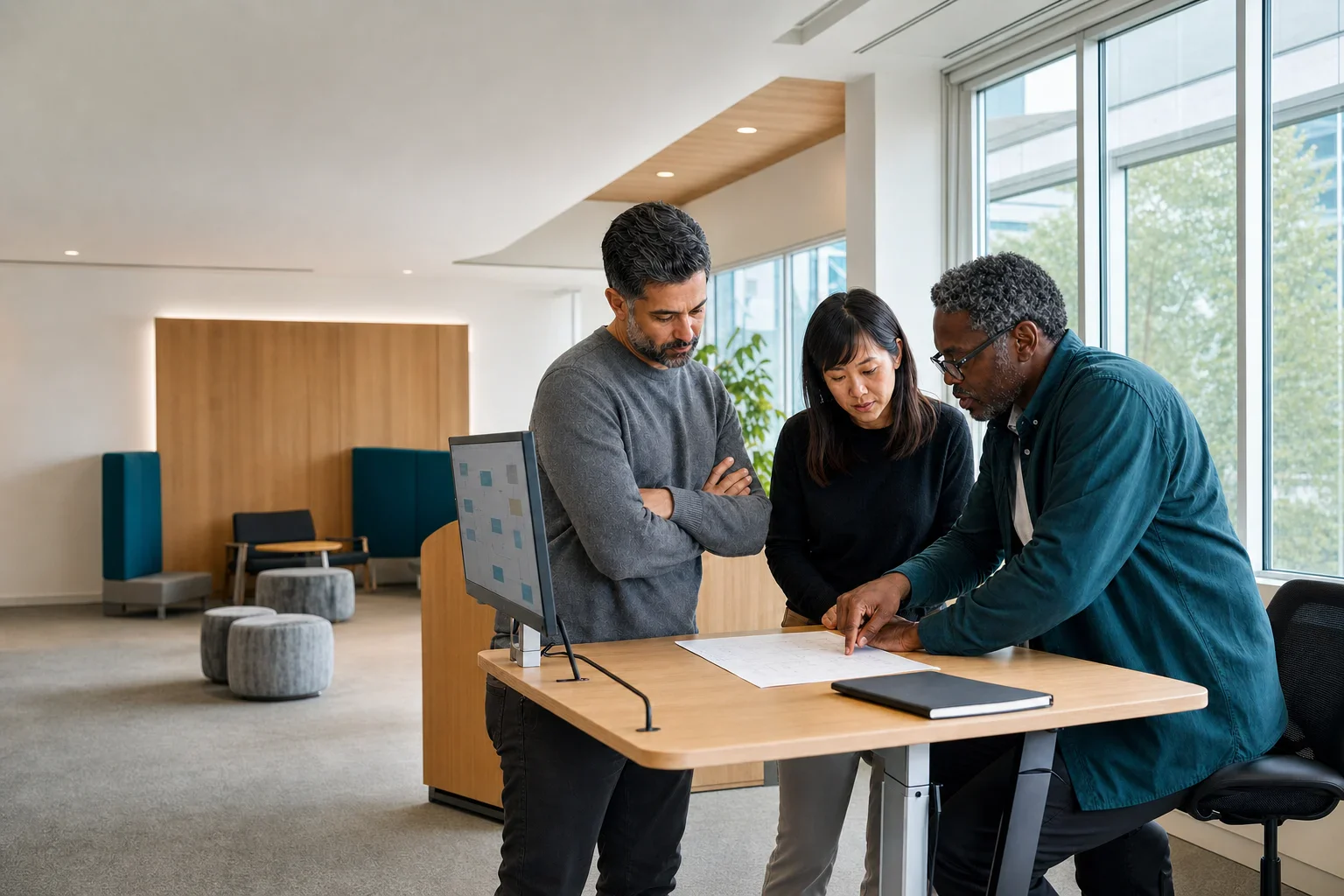 Technology and operations specialists reviewing a secure public-service workflow