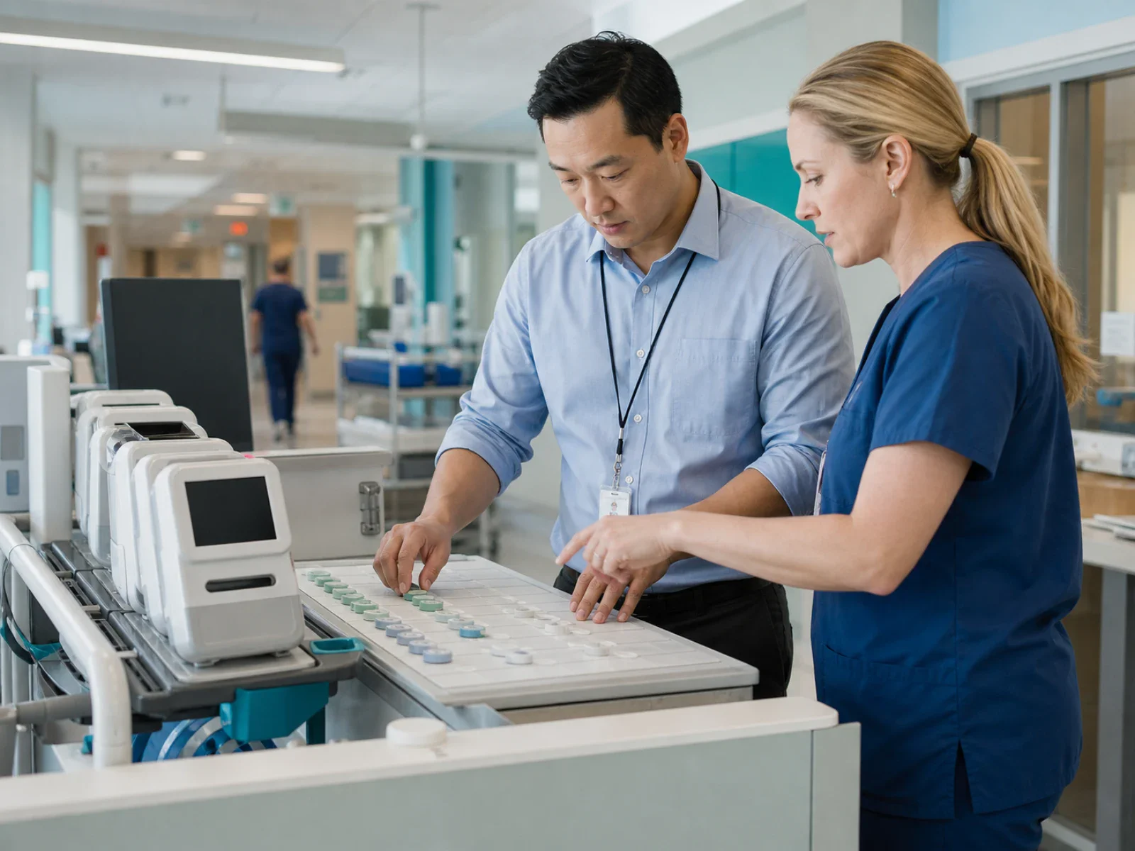 Clinical operations team coordinating patient flow and diagnostic equipment