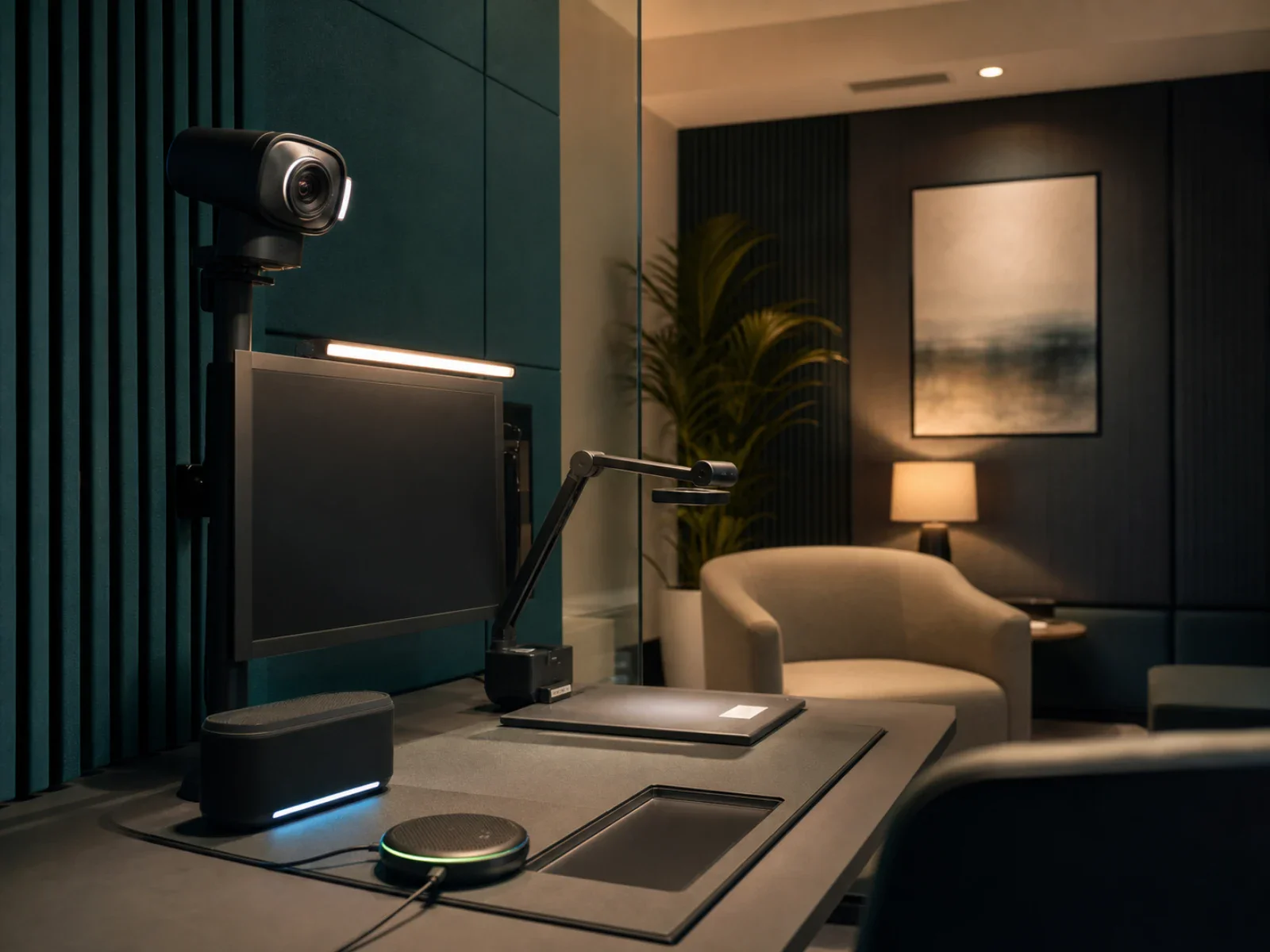 Secure remote advisory suite prepared for a video banking consultation