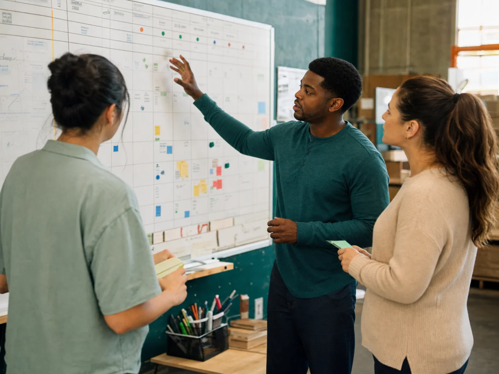 Modern workplace operations team coordinating people and schedules without visible software screens